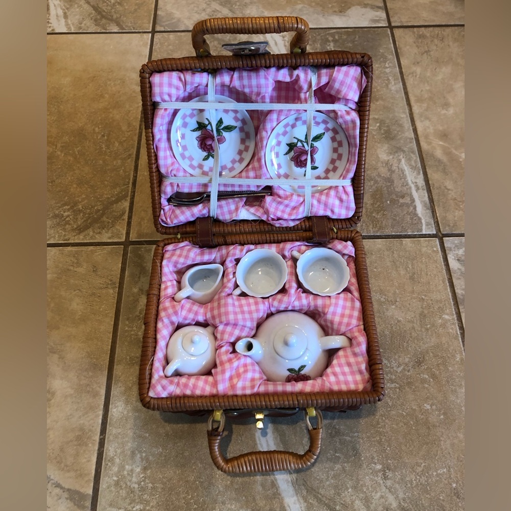 Vintage Miniature Tea Set with Wicket Basket Carrying Case
